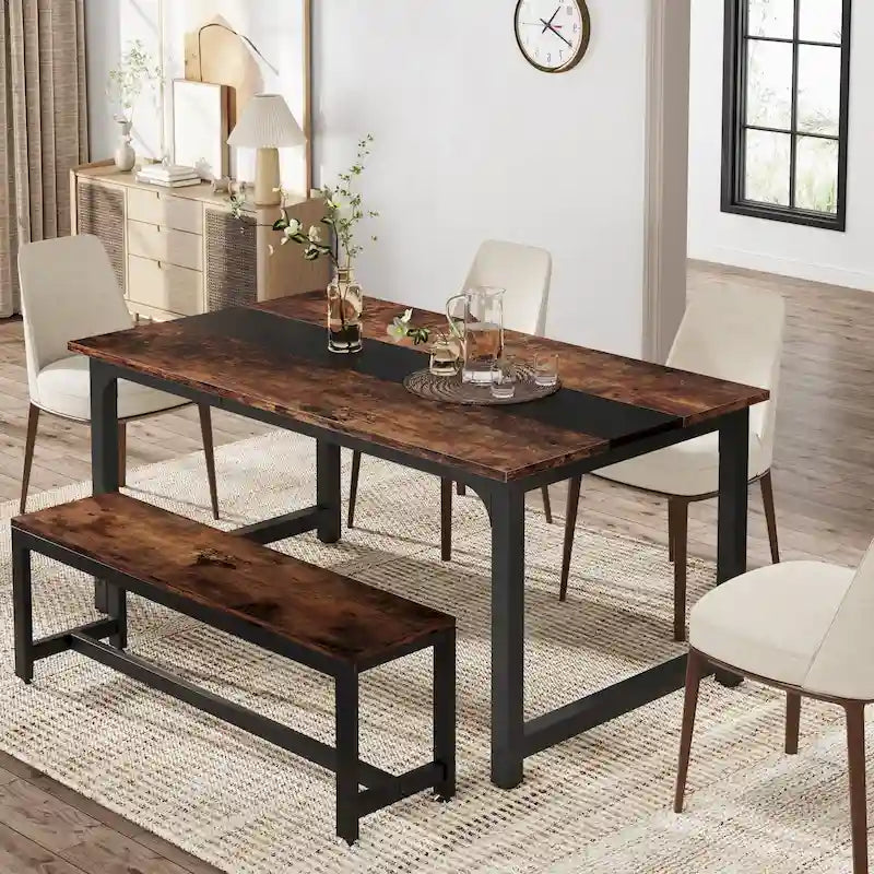 63" Industrial Style Dining Table with Metal Frame & Wood Grain Top