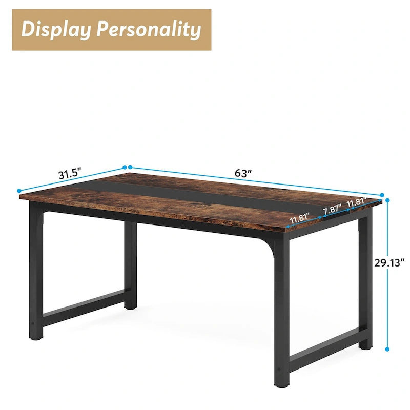 63" Industrial Style Dining Table with Metal Frame & Wood Grain Top