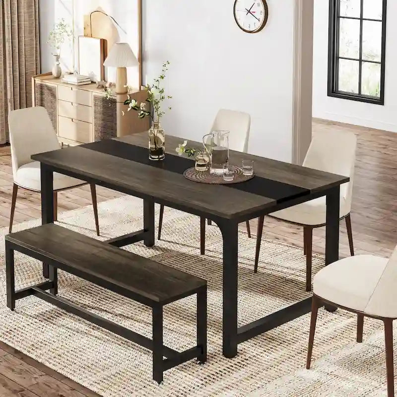 63" Industrial Style Dining Table with Metal Frame & Wood Grain Top