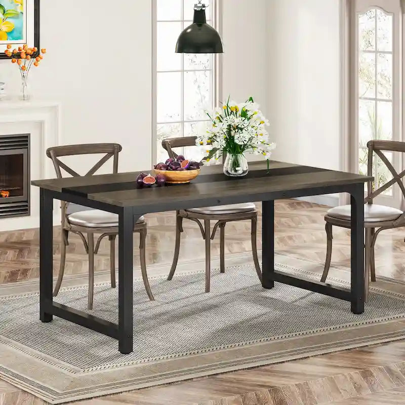 63" Esstisch im Industriestil mit Metallgestell und Holzmaserungsplatte